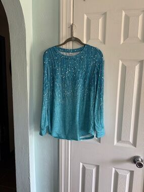 Teal Embellished Long-Sleeve Women's Top